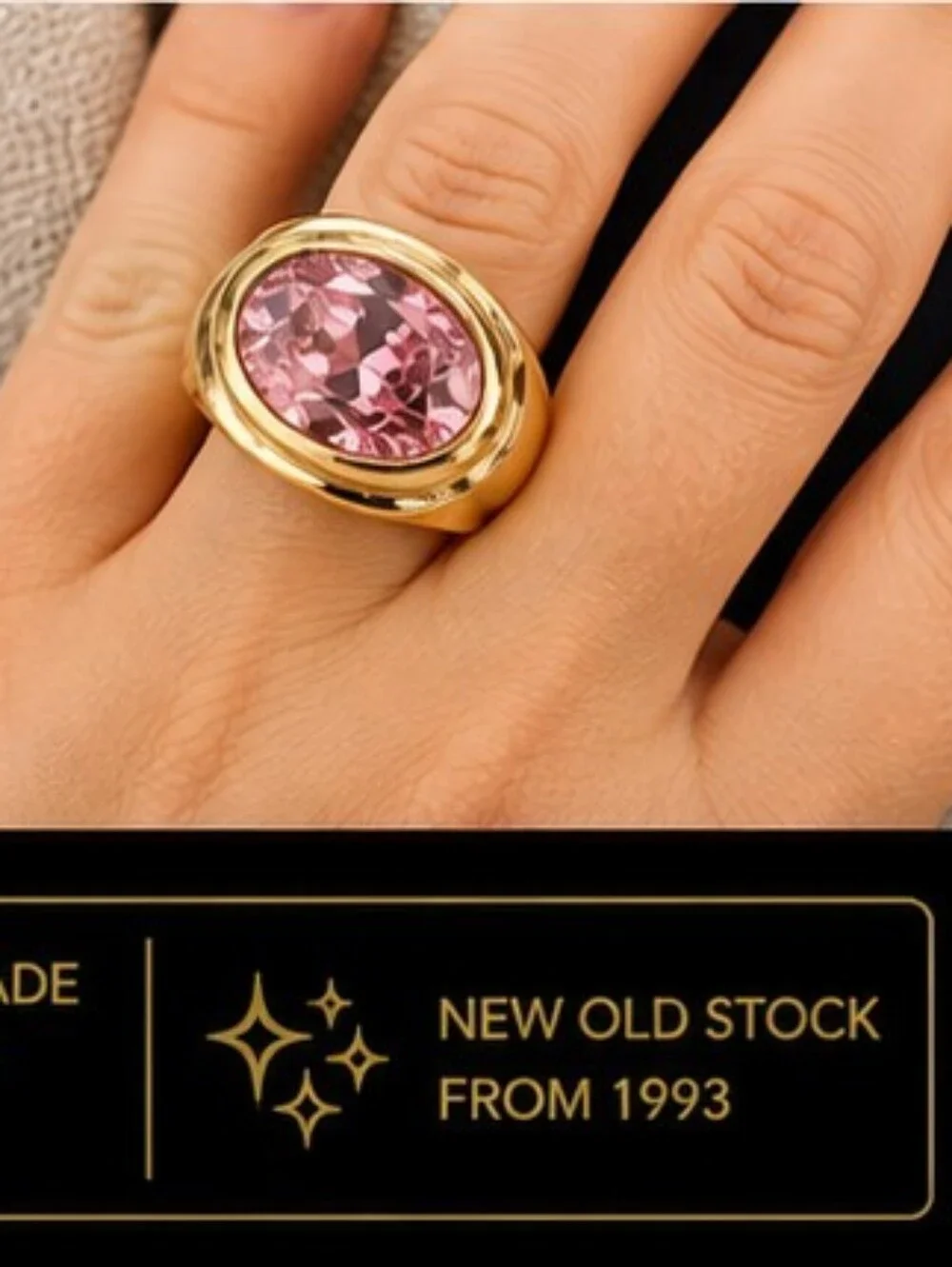 Vintage 1993 Pink AAA+ CZ Gold Plated East West Statement Ring Size 7.5